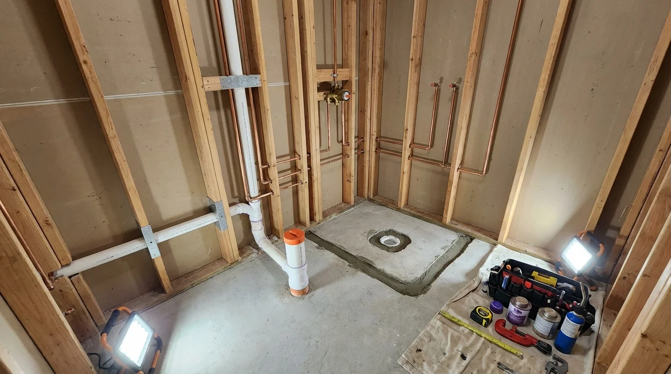 Bathroom rough-in plumbing during remodel by Johns Plumbing LLC in Perrysburg