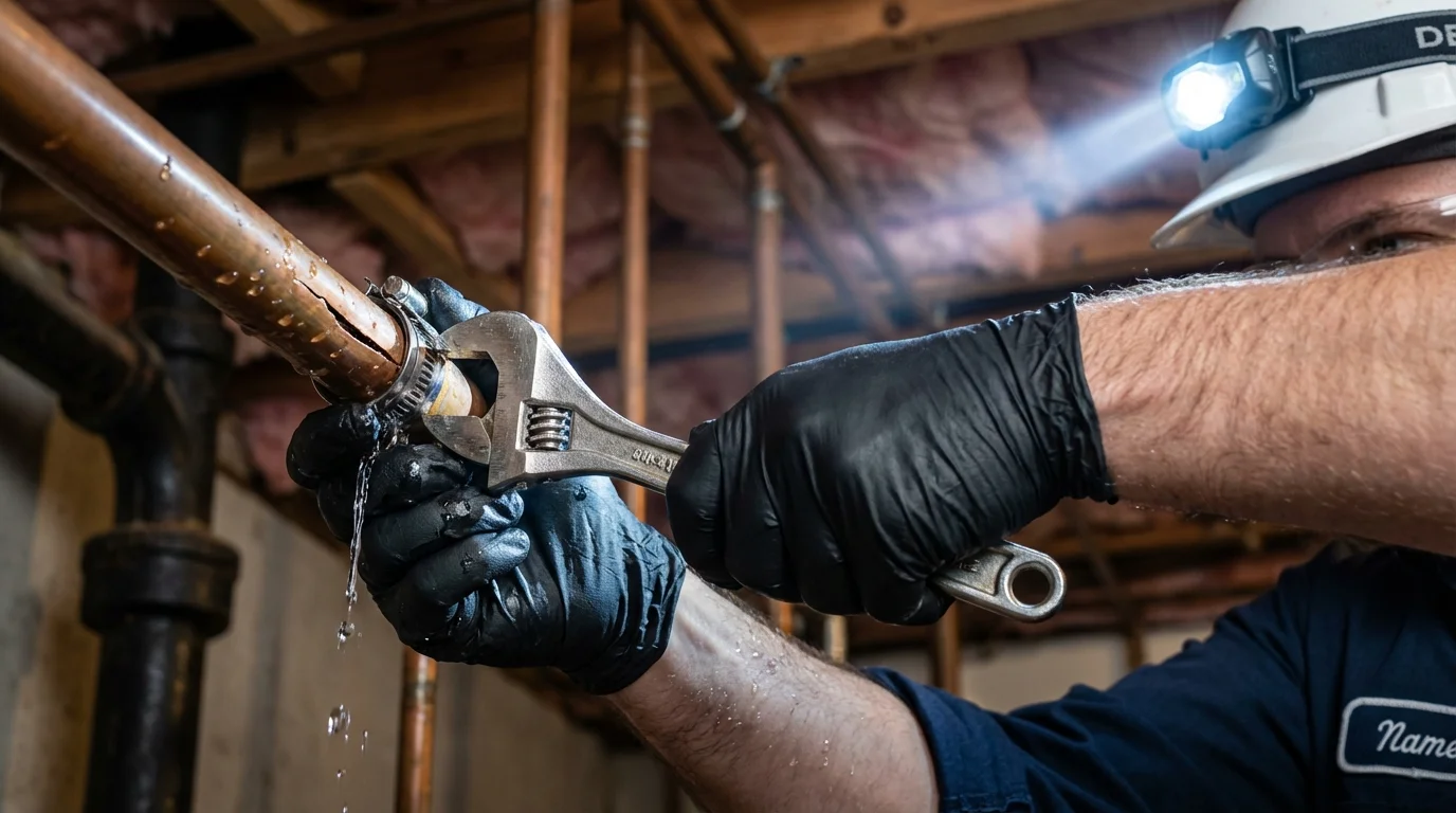 Emergency pipe clamp repair being performed by a Johns Plumbing LLC plumber in Perrysburg