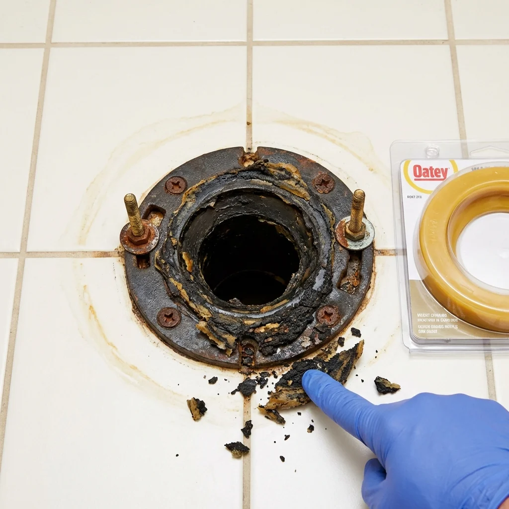 Failed wax ring showing water seepage at the base of a toilet in a Perrysburg, OH home