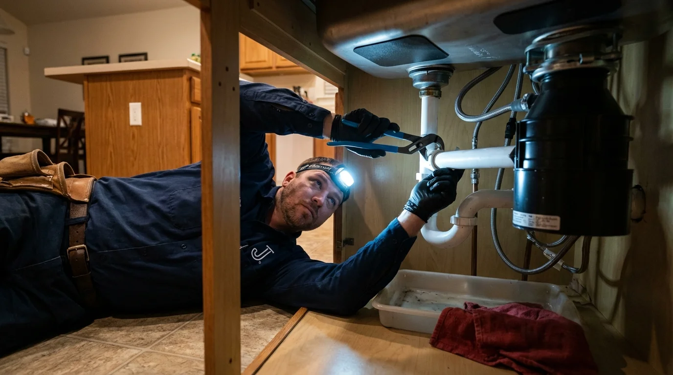 P-trap and supply line connections under a kitchen sink showing a common leak point in Perrysburg, OH